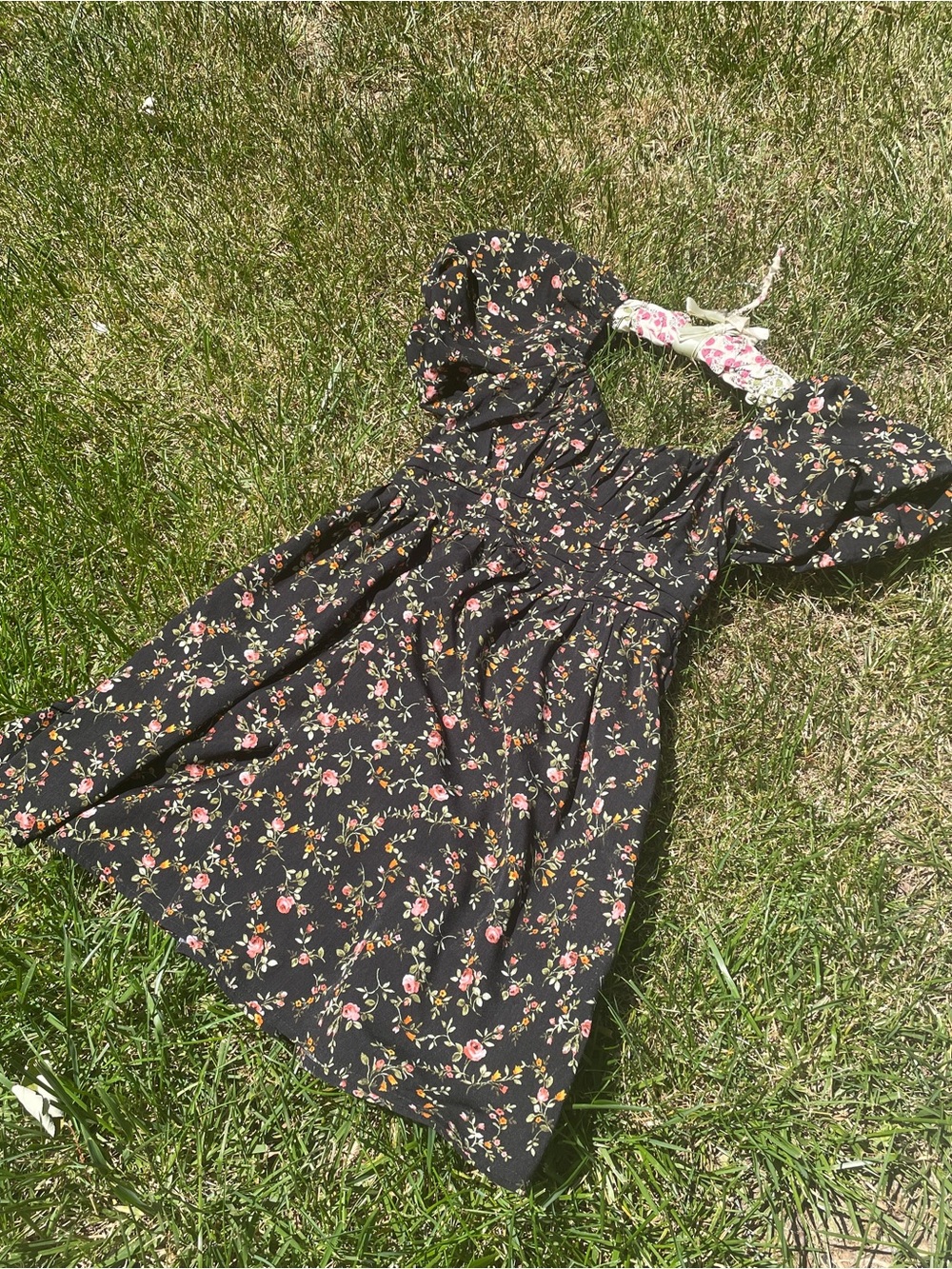 Black Floral Mini Dress with Puff Sleeves